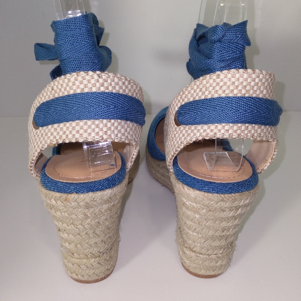 BAMBOO Denim Blue Ankle Tie Up Espadrille Wedges Host Pick - Picture 7 of 7
